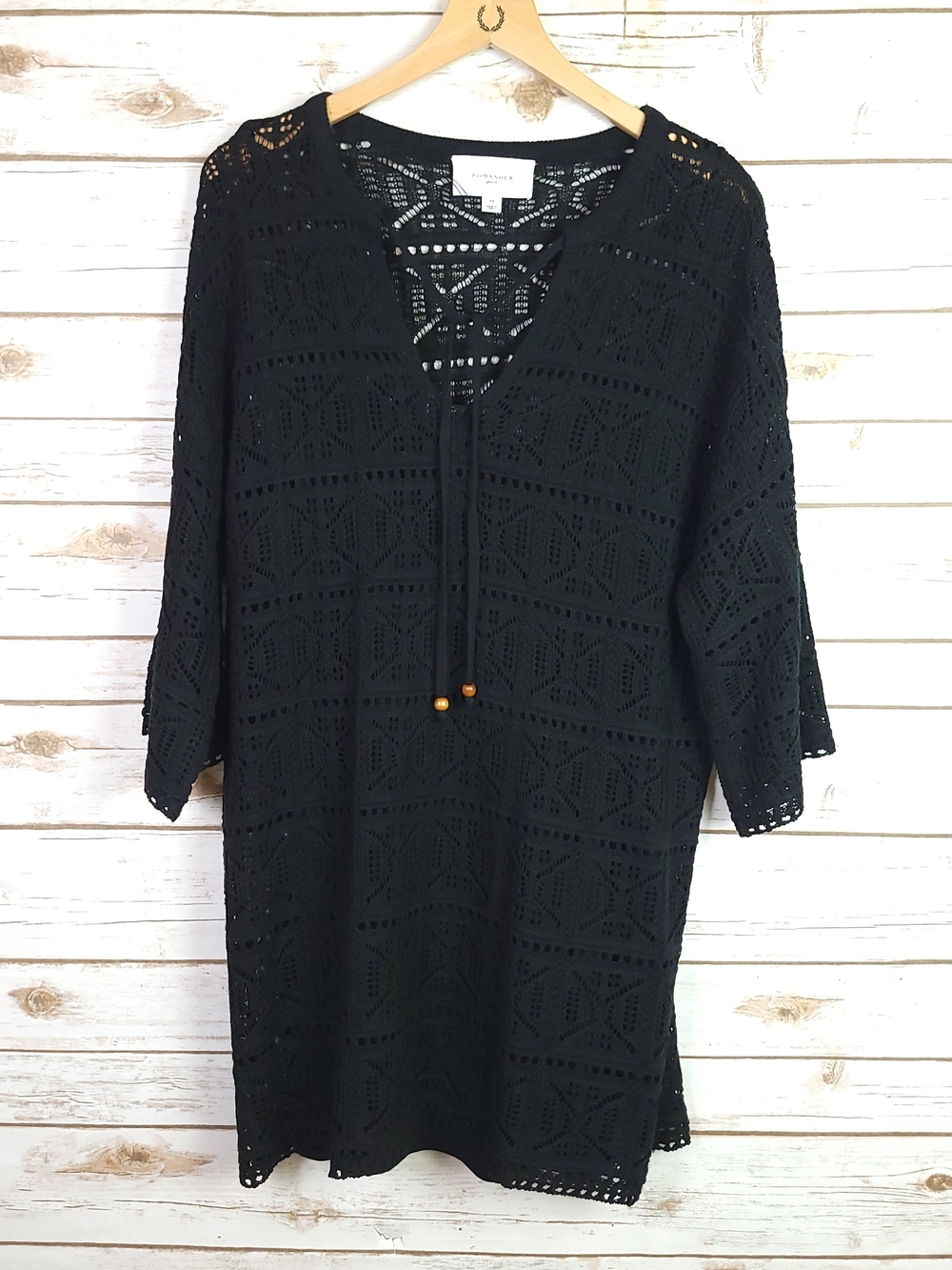 Pomander Place Black Slip Dress Crochet Overlay Medium Bead Tie Accent